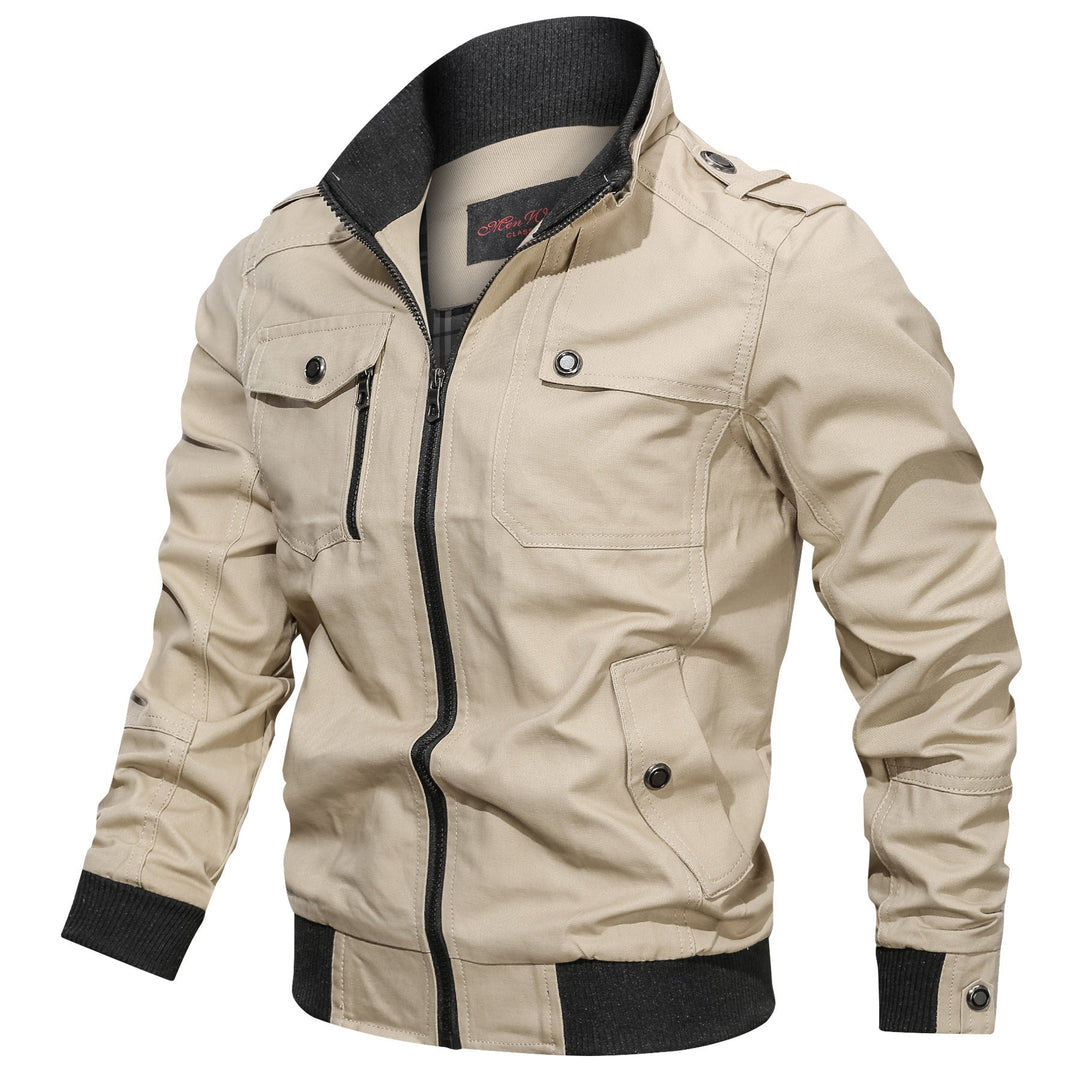 Herr Canvas Fältjacka i Bomber Stil med Ribbad Fåll, Stående Krage och Utility Fickor