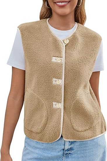 Dam teddy fleece väst med round neck och knapp stängning