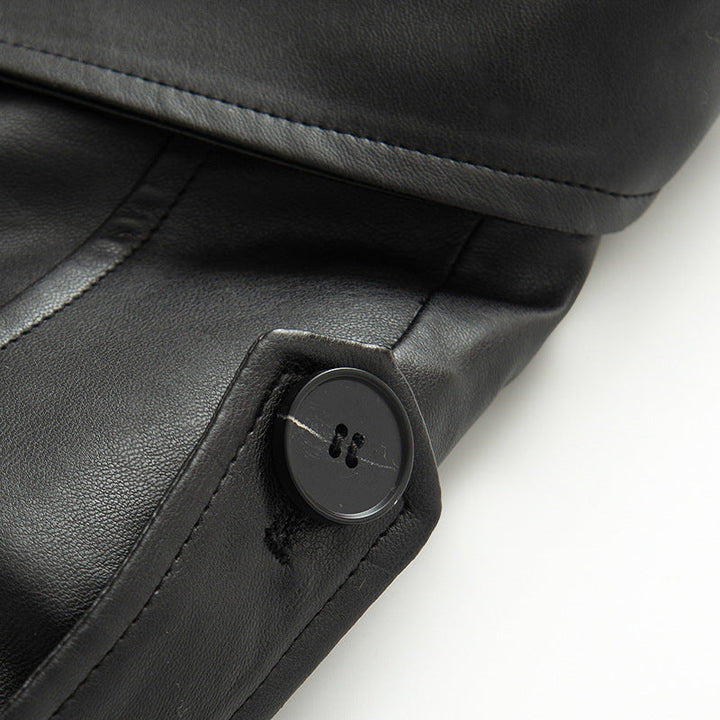 Dam kort-skärning trench-stil konstläderjacka med tie bälte och axel patches