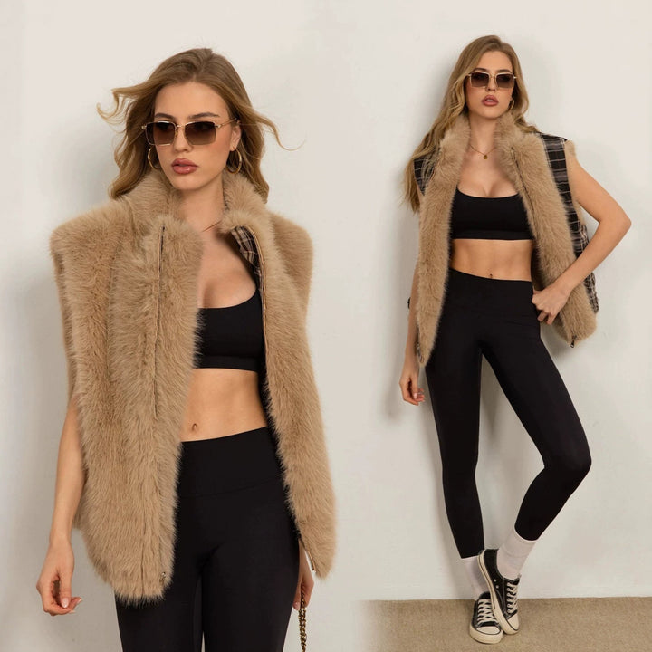 Dam Fluffy Faux Fur väst med Voluminous sjalkrage och dragkedja
