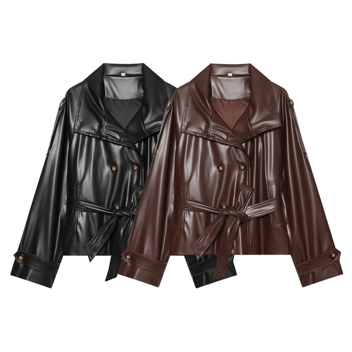 Dam Kort Double-Breasted Faux Läder Trenchcoat med Waist Belt