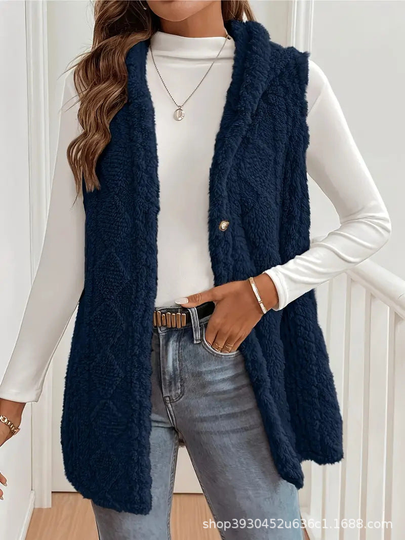 Dam fleece Lined teddy väst med huva och knapp stängning