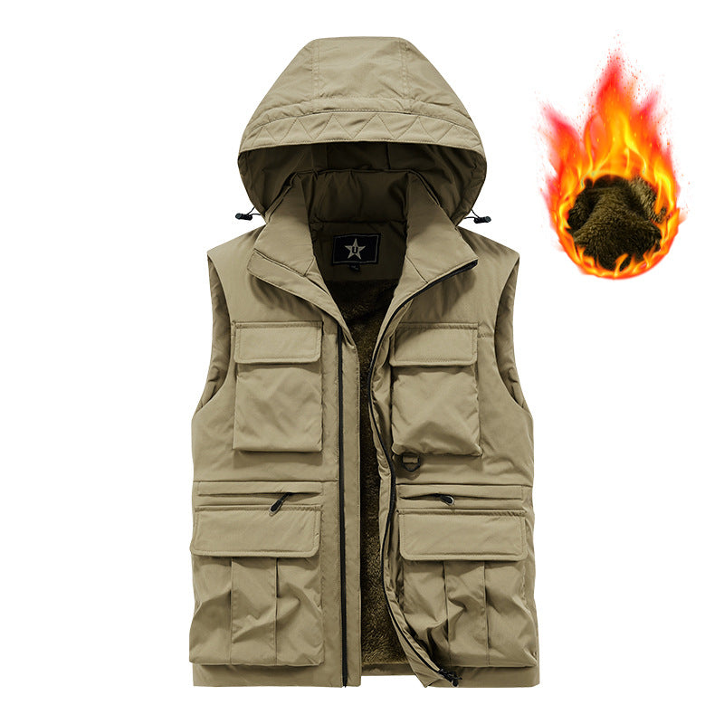 Herr Insulated Utility Väst med Huva, Teddyfoder och Multi-Functional Fickor