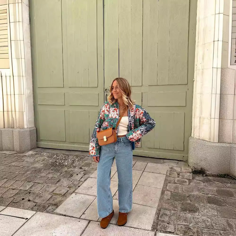 Dam vadderad Patchwork jacka in Kimono stil