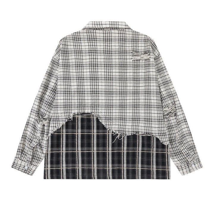 Unisex Oversized Skjorta Jacka med Layered Look, Frayed Fåll och Check Mix