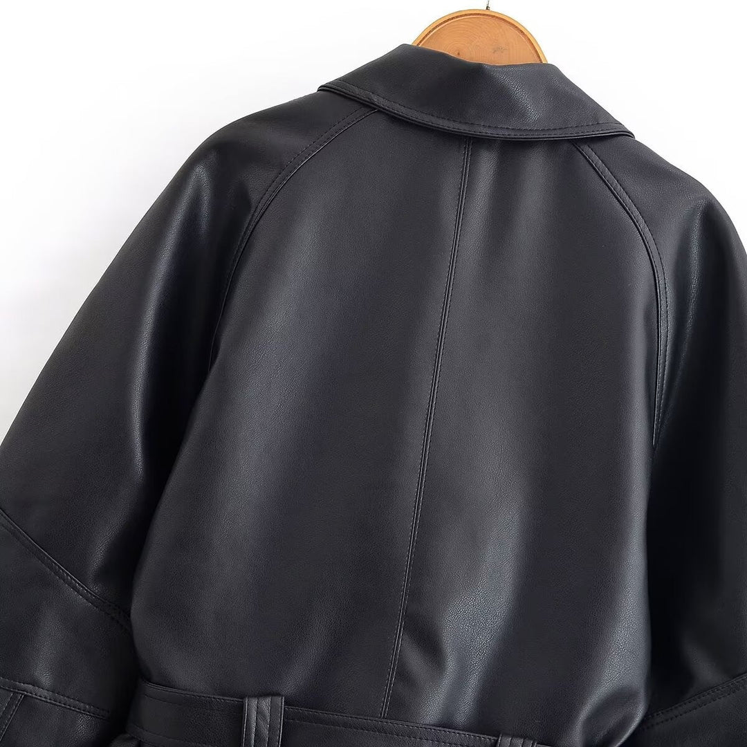 Dam Kort Läderlook Blouson med Wrap Belt, Oversize Ärmar och Distinctive Dekorativ Seams