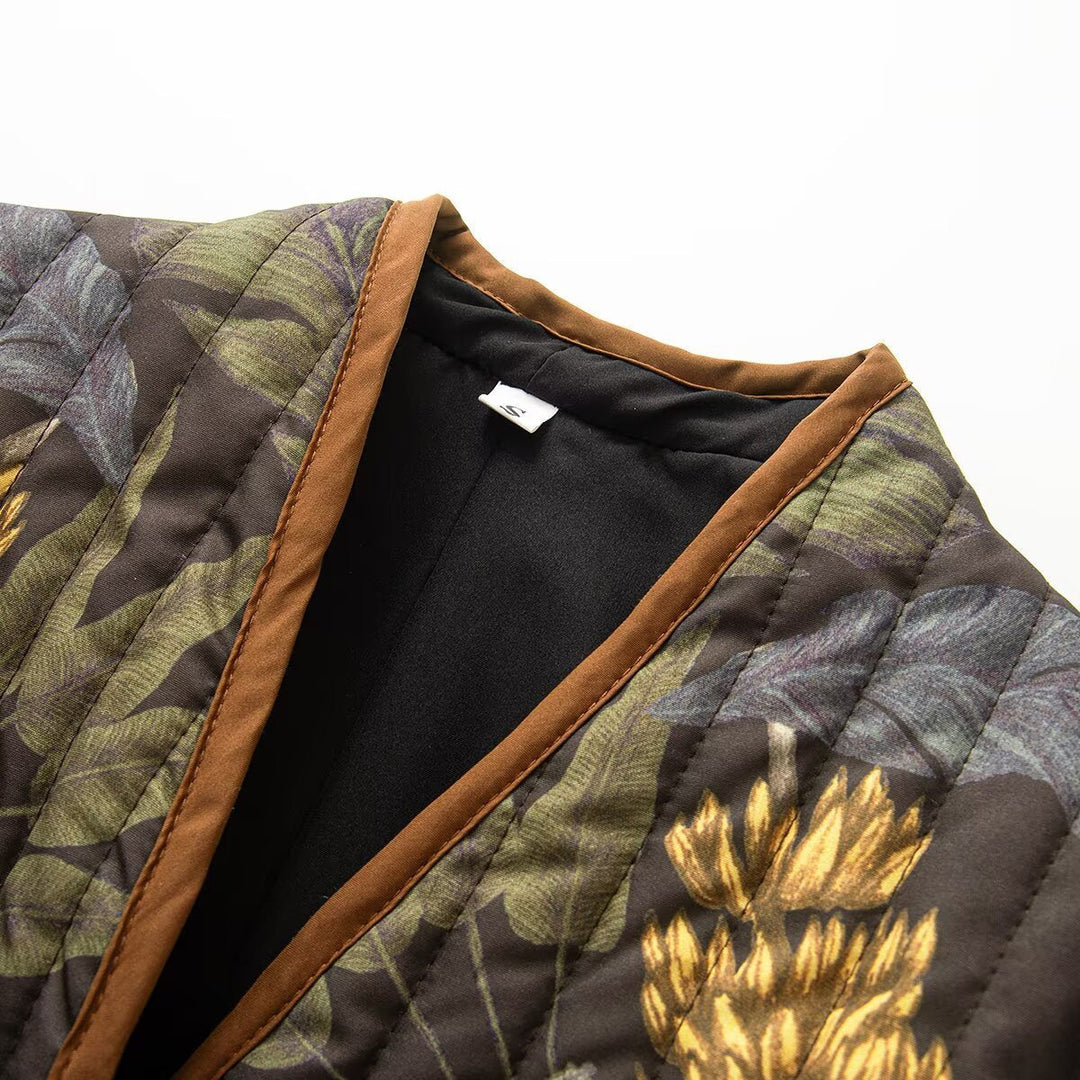 Dam Quiltad Jacka med Botanical Tryck och Open Kimono Skärning