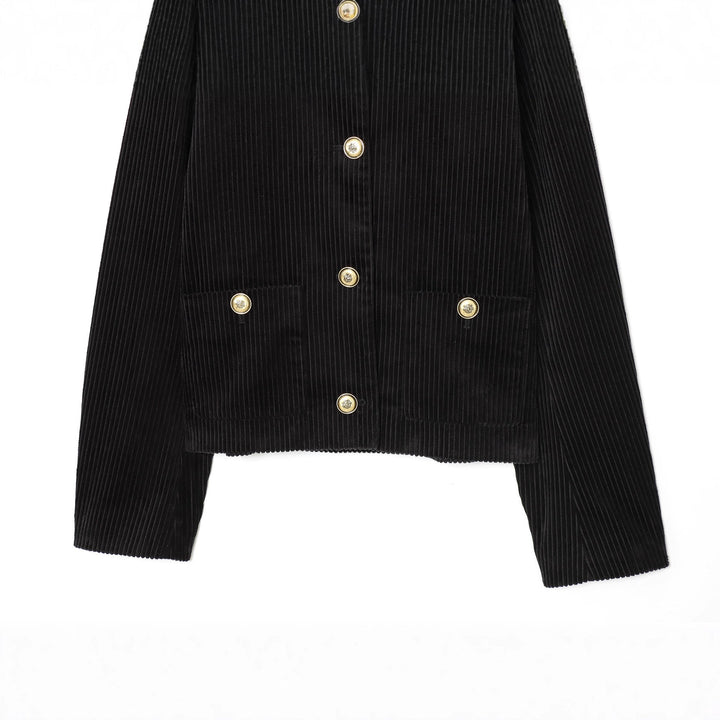 Dam manchester jacka kort med fine bred manchester structure, round neckline och golden decorative knappar