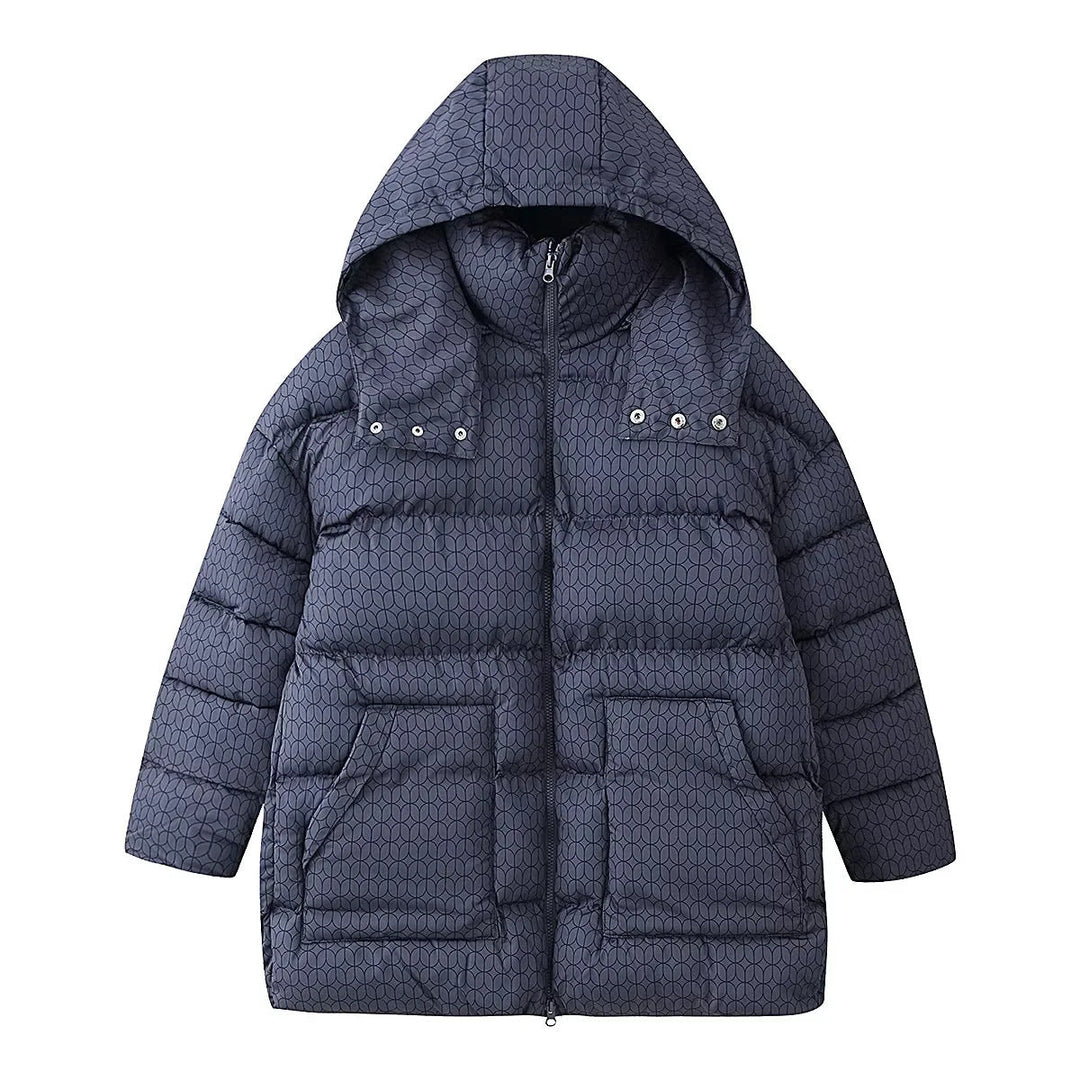 Dam non-quiltad hooded jacka med graphic quiltad mönster, two-way dragkedja och oversized fickor