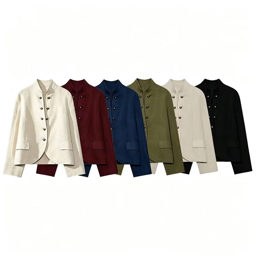 Dam Elegant Kort Jacka med Standing Krage, Dekorativ Toggle Knappar och Lock Fickor