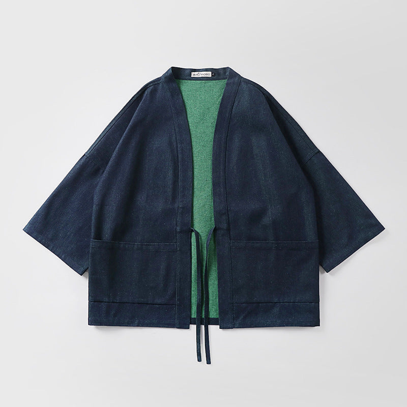 Unisex lös-fitting kimono jacka gjord bomull denim med tie och stor utanpåfickor