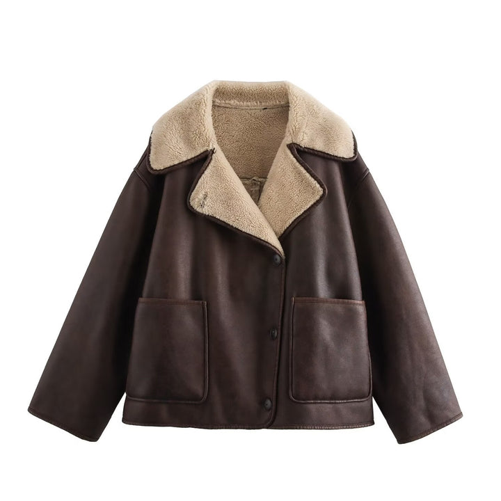 Dam Kort Skärning Oversize Faux Shearling Kappa med Teddy Krage