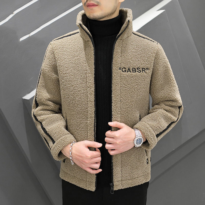 Herr Teddy Fleece Blouson med Ståkrage, Dragkedja och Kontrast Ränder