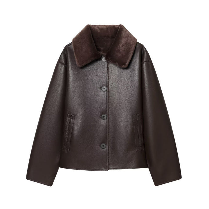 Dam Kort Reversible Sheepskin Jacka med Full Lapel Krage och Varm Teddy Foder