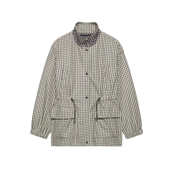 Dam Checked Oversize Parka med Drawstring, Stå Krage och Lock Fickor