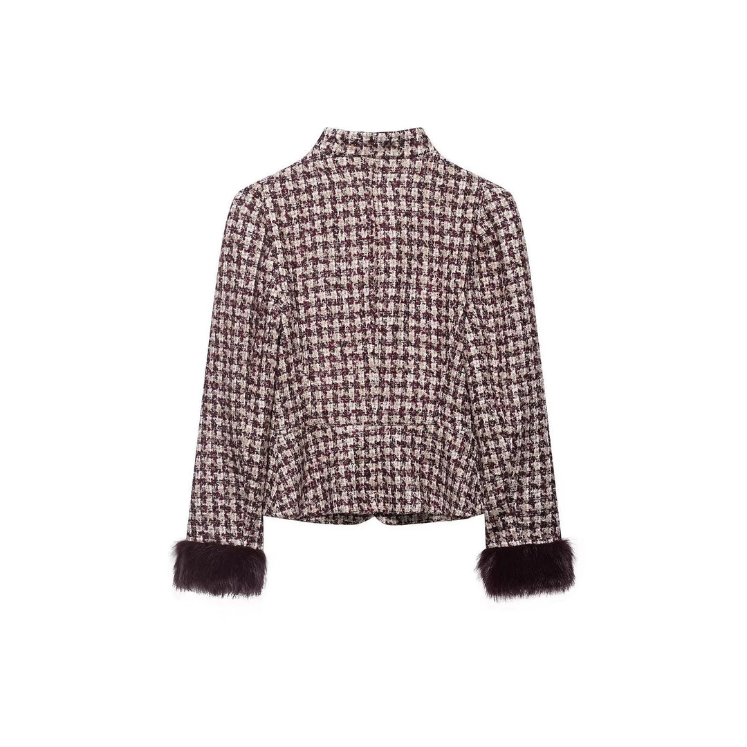 Dam Kort Bouclé Tweedjacka med Stå Krage och Faux Fur Muddar