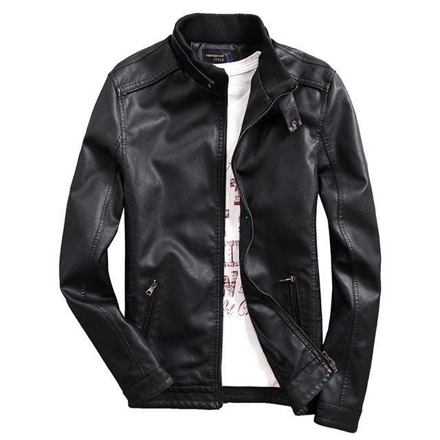 Herr Konstläder Jacka med Warming Teddy Fleecefoder och Stående Krage