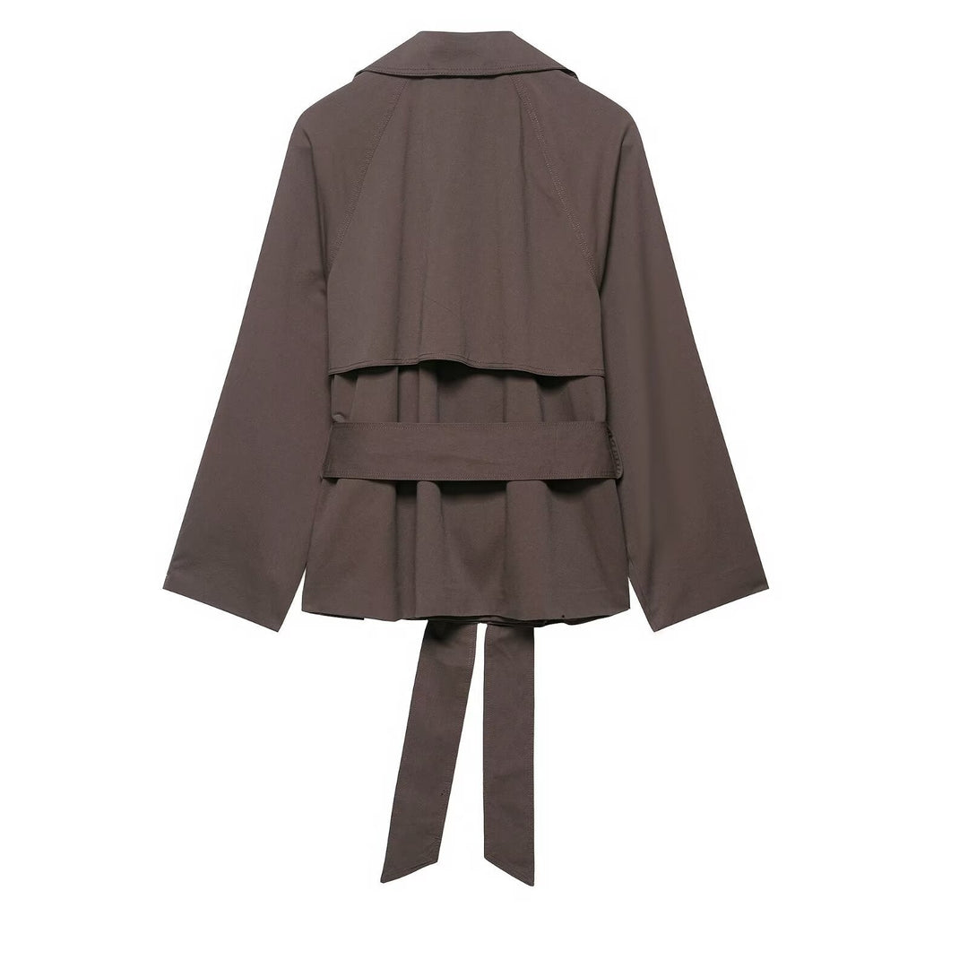 Dam 300+ Kort Kort Trench Jacka med Wide Lapels, Tie Belt, och Patch Fickor