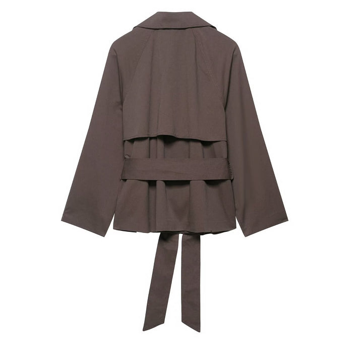 Dam 300+ Kort Kort Trench Jacka med Wide Lapels, Tie Belt, och Patch Fickor