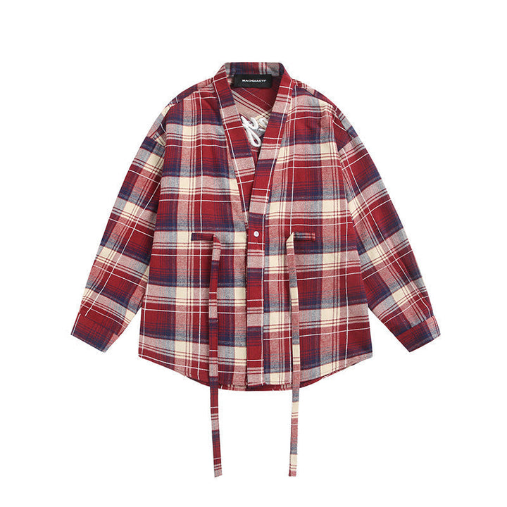Dam Oversized Check Skjorta Jacka med Kimono Skärning, Dragsko Ties och Utanpåfickor