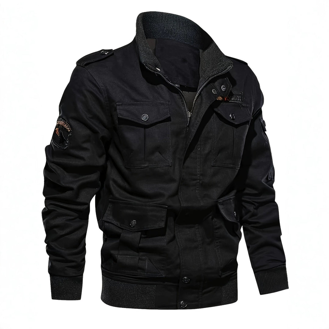 Herr Military-Inspired Canvas Fältjacka med Axelklaffar och Multifunktionell Fickor