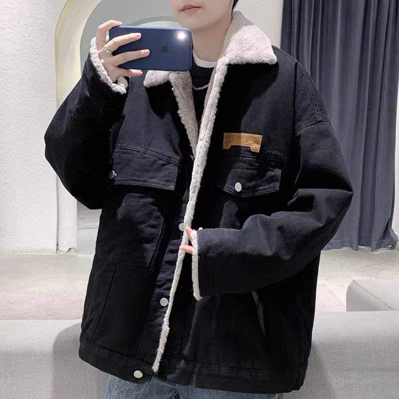 Herr Fodrad Oversized Jeansjacka med Teddyfoder och Lock Fickor