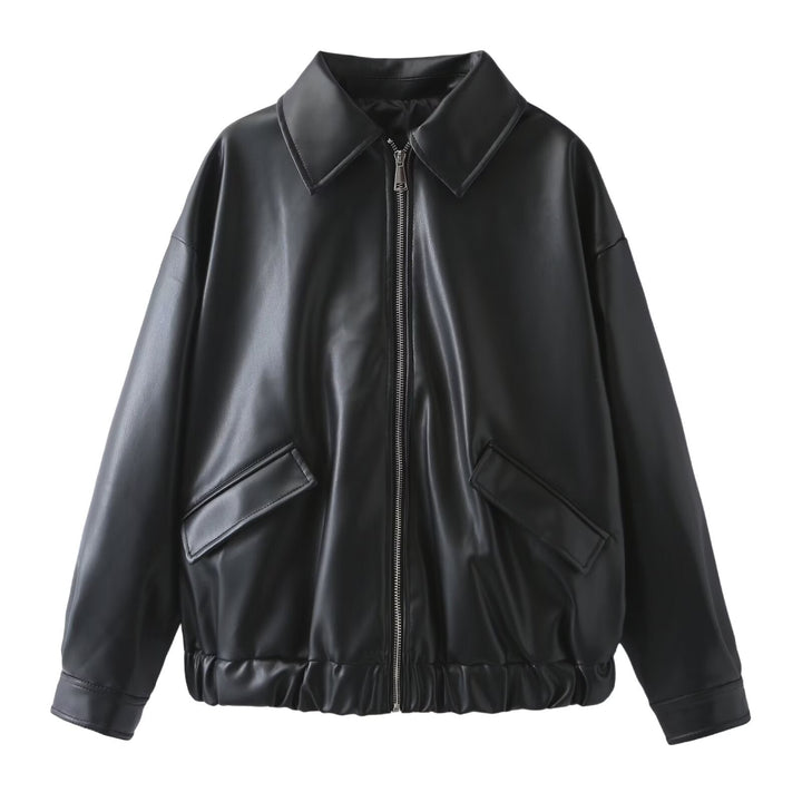 Dam Boxy konstläder blousonjacka med hel dragkedja, Flap fickor, och bred skjortkrage