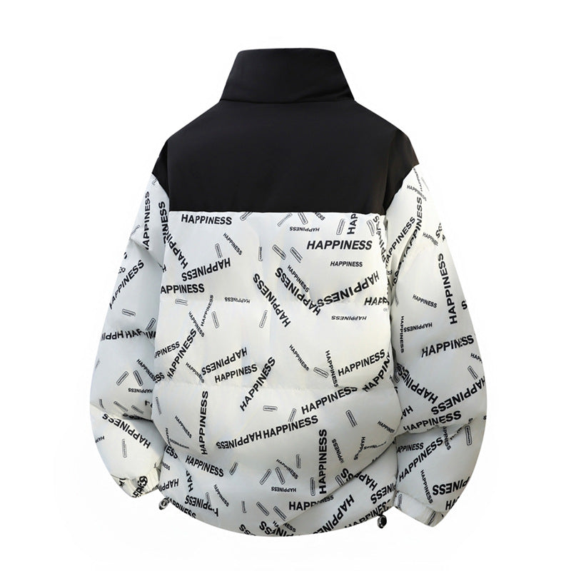 Unisex Oversize Vadderad Jacka med Allover Tryck, Stå Krage &amp; Drawstring Nederkant