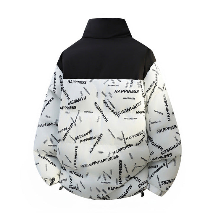 Unisex Oversize Vadderad Jacka med Allover Tryck, Stå Krage &amp; Drawstring Nederkant