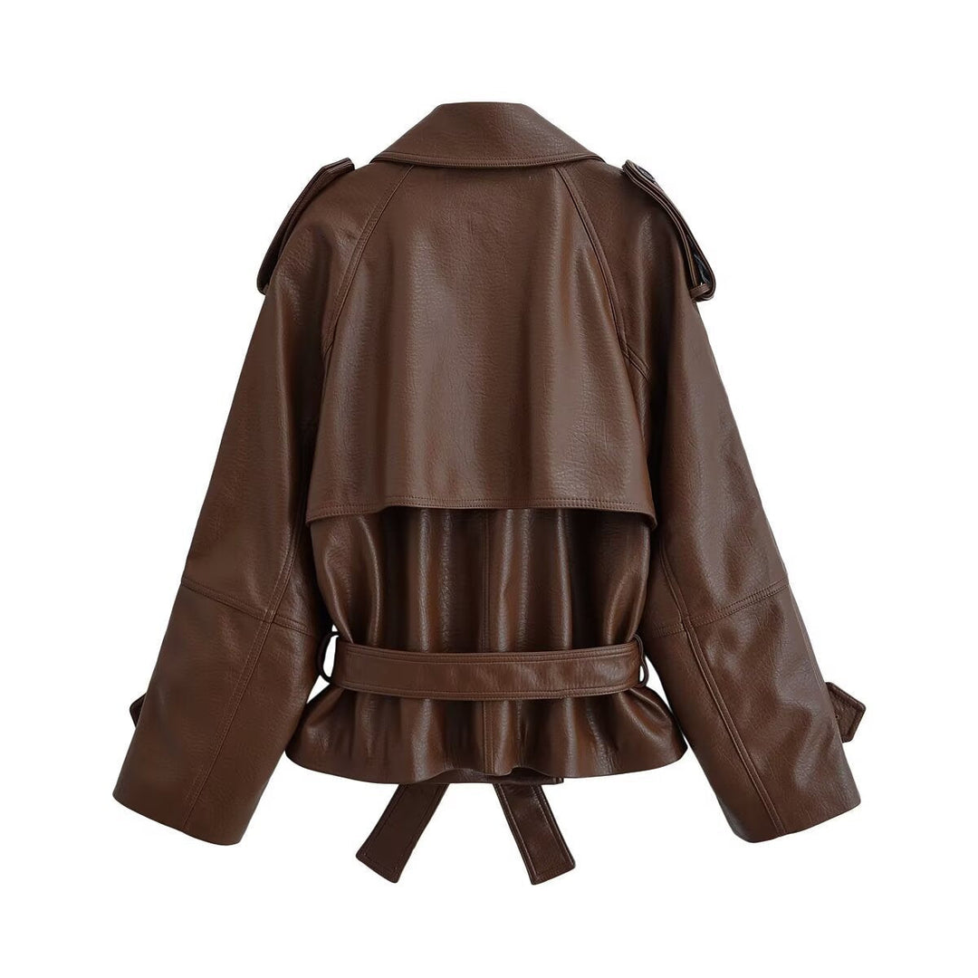 Dam kort Double-Breasted konstläder trench med midjebälte och Shoulder Epaulettes