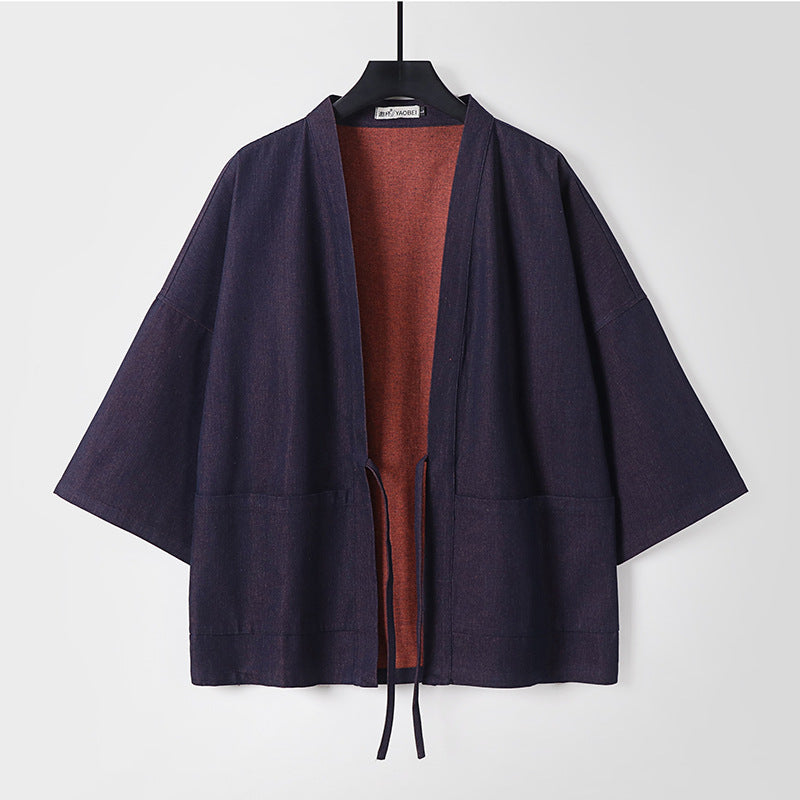 Unisex lätt denim Kimono jacka med kontrast foder och knytband