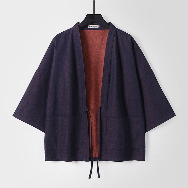 Unisex lätt denim Kimono jacka med kontrast foder och knytband