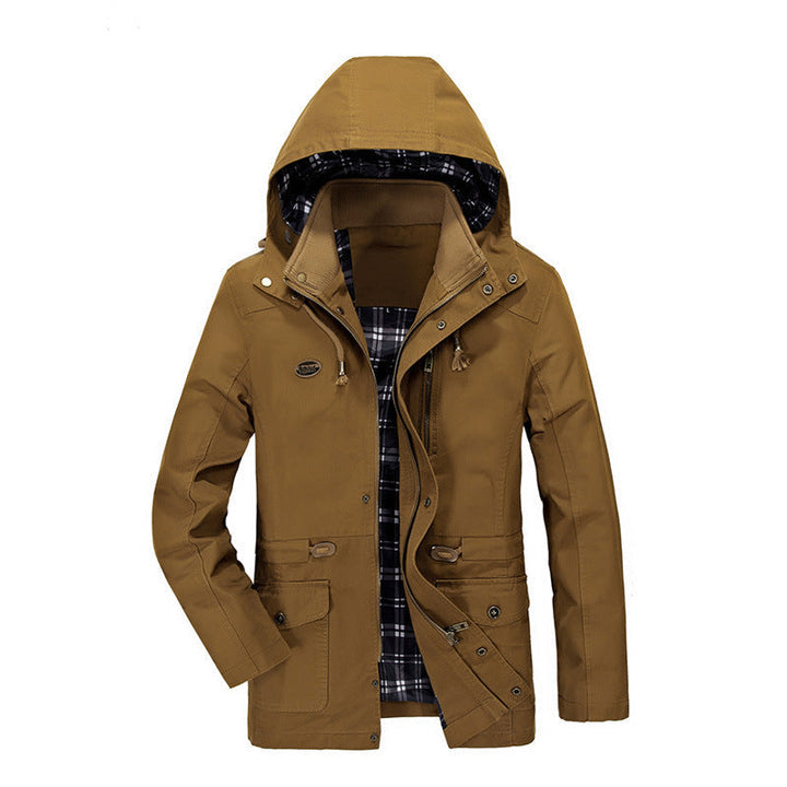 Herr Mid-Length Parka med Huva, Checkered Foder och Midja Dragsko