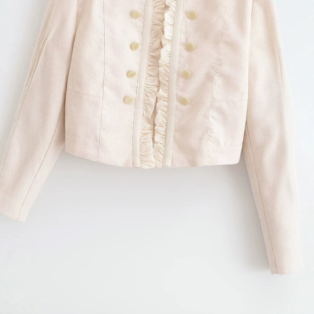 Dam Kort Jacka i Military Stil med Ruffled Front och Stå Krage