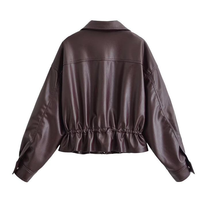 Dam Kort Jacka Tillverkad av Vegansk Läder med Drawstring och Patch Chest Fickor
