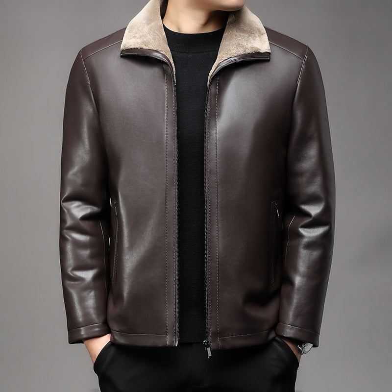 Herr Läder Jacka med Varm Lambskin Foder och Ståkrage
