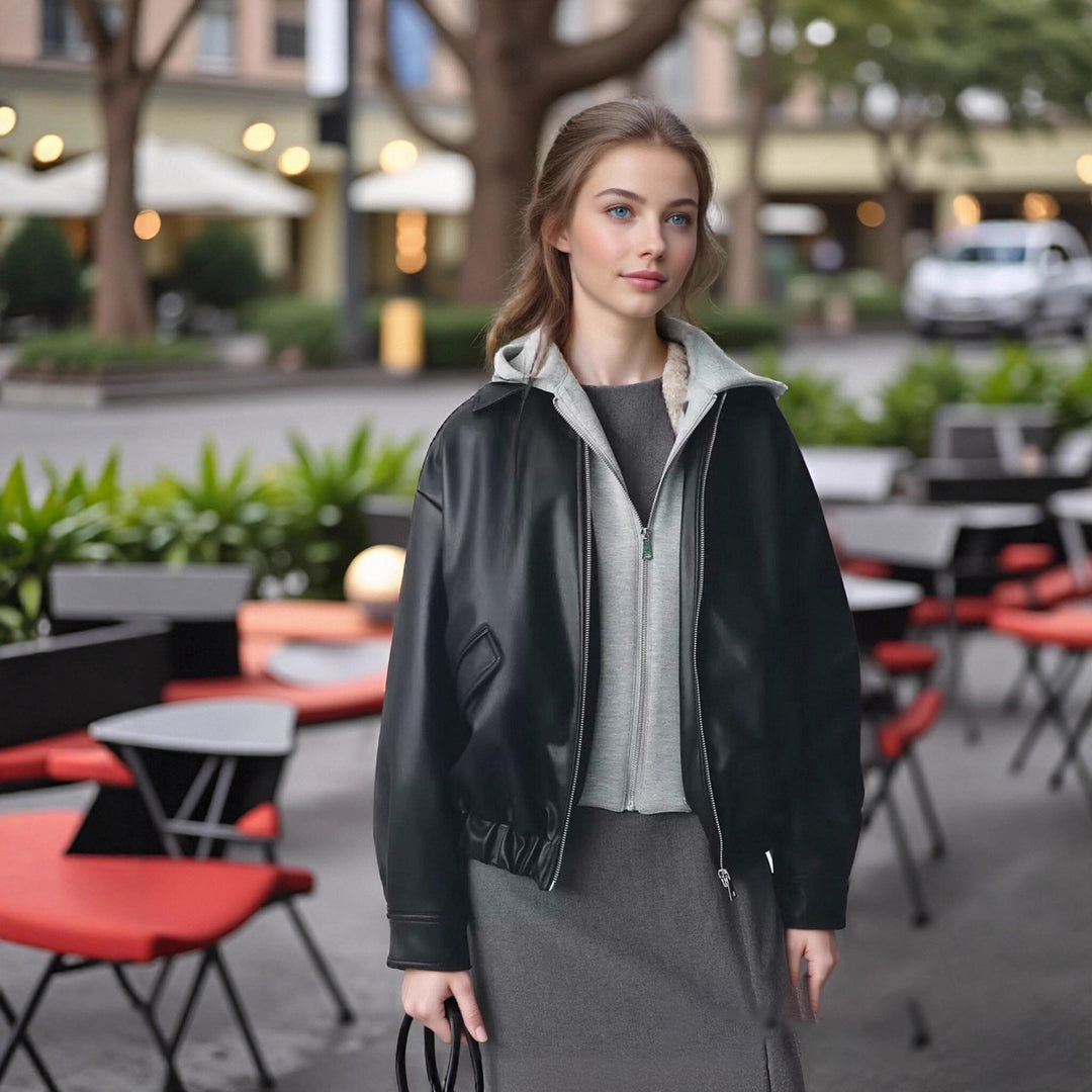 Dam Oversized Konstläder Blouson med Huva Insert och Lockfickor