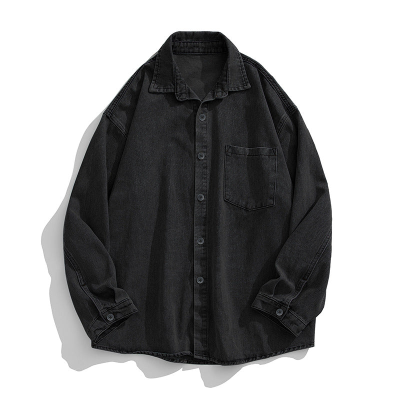 Unisex Locker Skärning Denim Skjorta med Bröstficka och Rounded Fåll