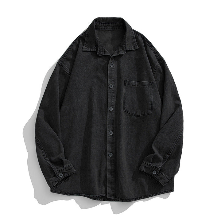 Unisex Locker Skärning Denim Skjorta med Bröstficka och Rounded Fåll