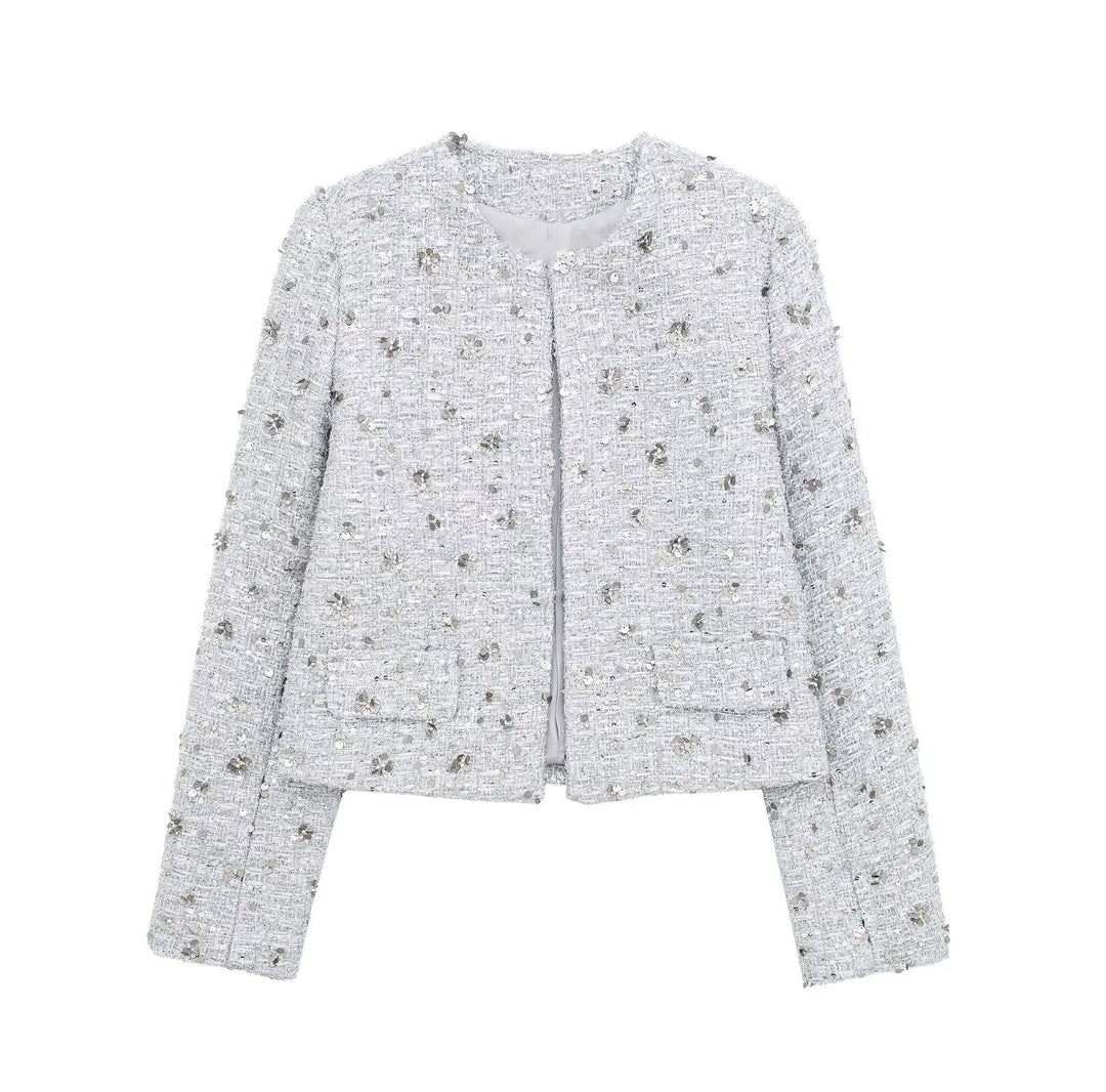 Dam kort-skärning Boucle Tweed jacka med floral sequin appliqué och öppen front