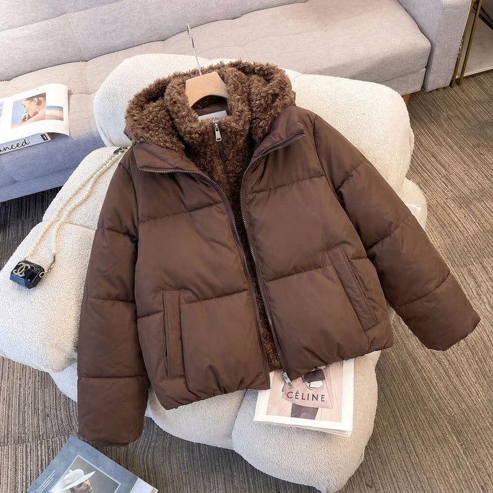 Dam compact kviltad jacka med sherpa inner huva, warming värmeisolering och dold två-way dragkedja