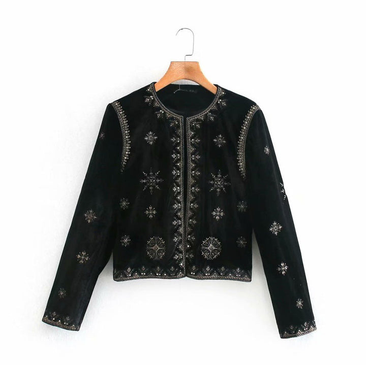 Dam sammet kort jacka med Ornamental Bead och dekorativ broderi