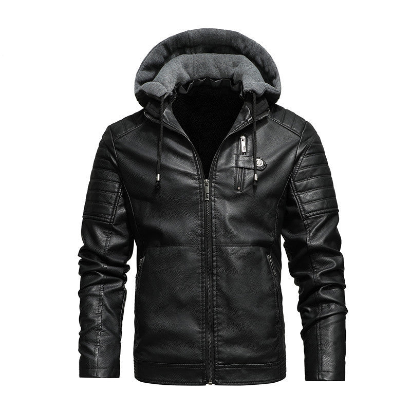 Herr Konstläder Hoodie Blouson med Teddyfoder, Quiltad Ärm Yoke och Huva Lager