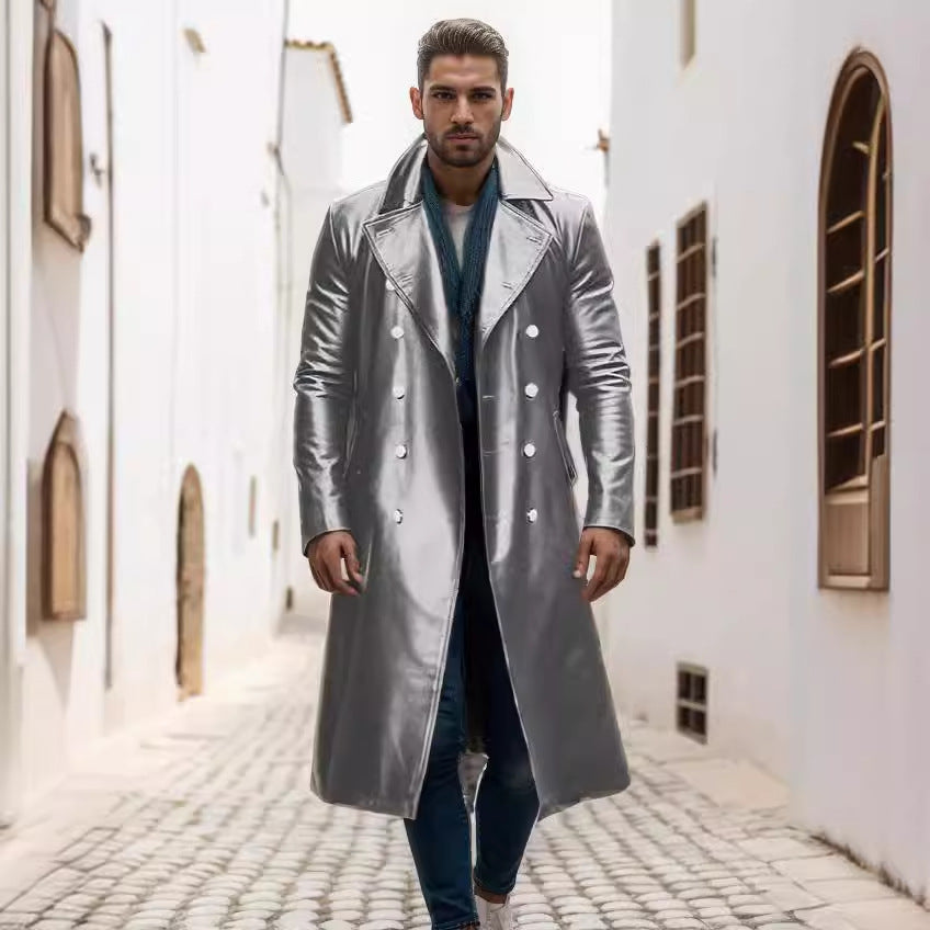 Herr Long Shiny Konstläder Trenchcoat med Dubbel Breasted och Särpräglad Lapel