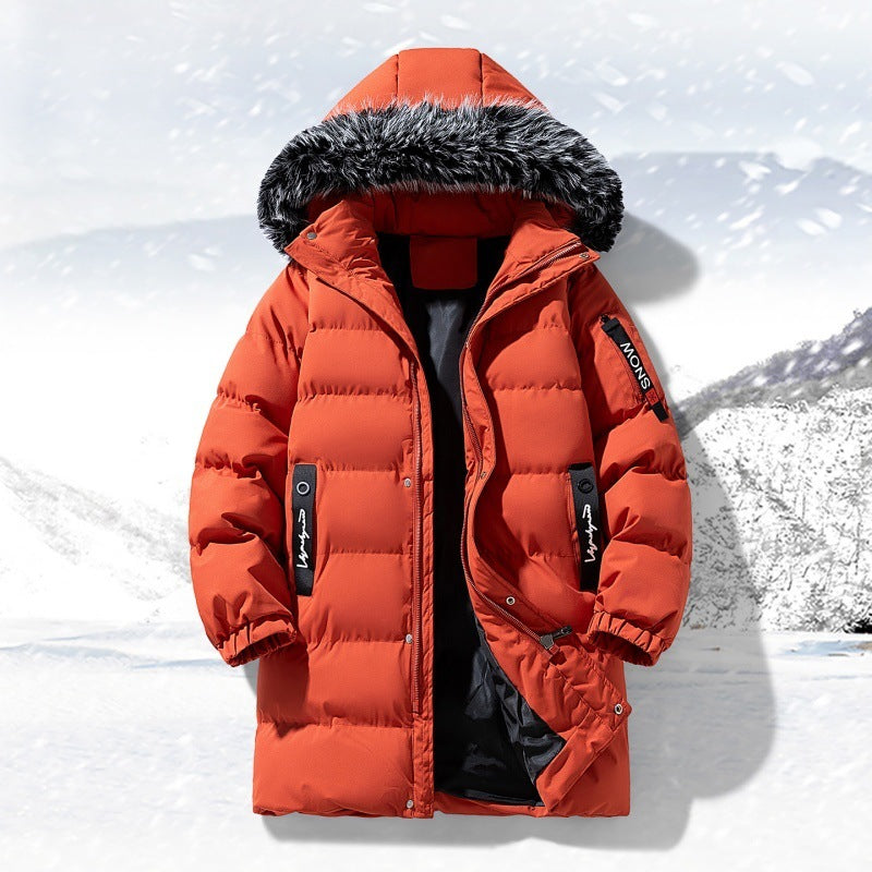 Herr longer quiltad parka med huva och fusk päls trim