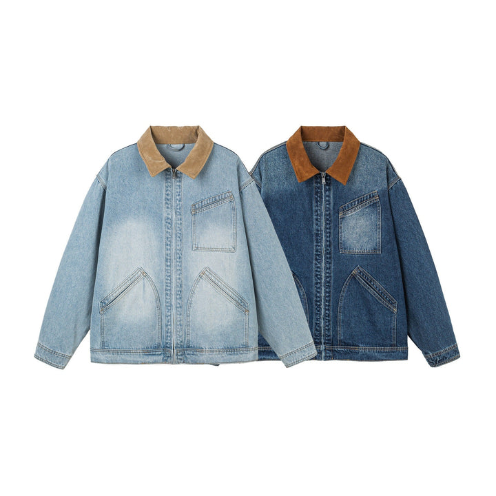 Dam Oversized Denim Jacka med Mocka Krage, Concealed Dragkedja och Distinctive Fickor