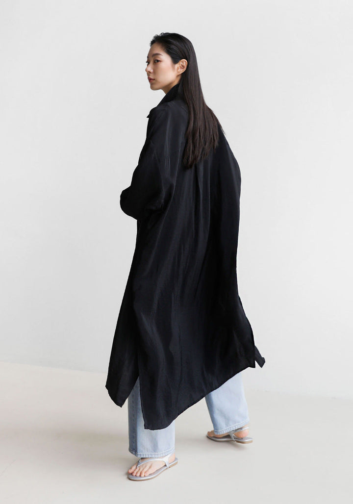 Dam lång Satin Effect Duster med Stand krage, oversized skärning och Deep Side Slits