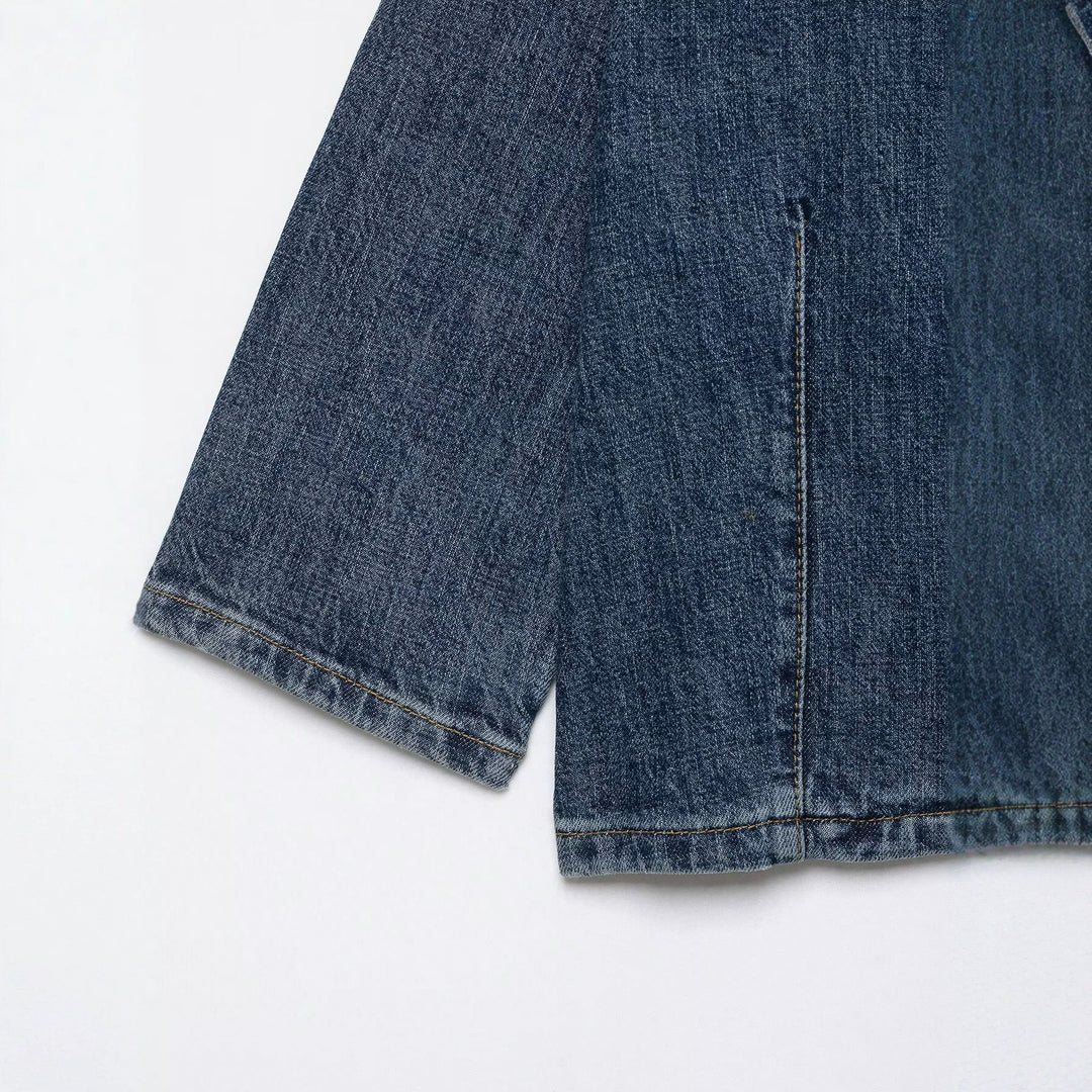 Dam Kort Denim Cape Jacka med Stå Krage, Boxig Silhuett och 3/4 Ärmar