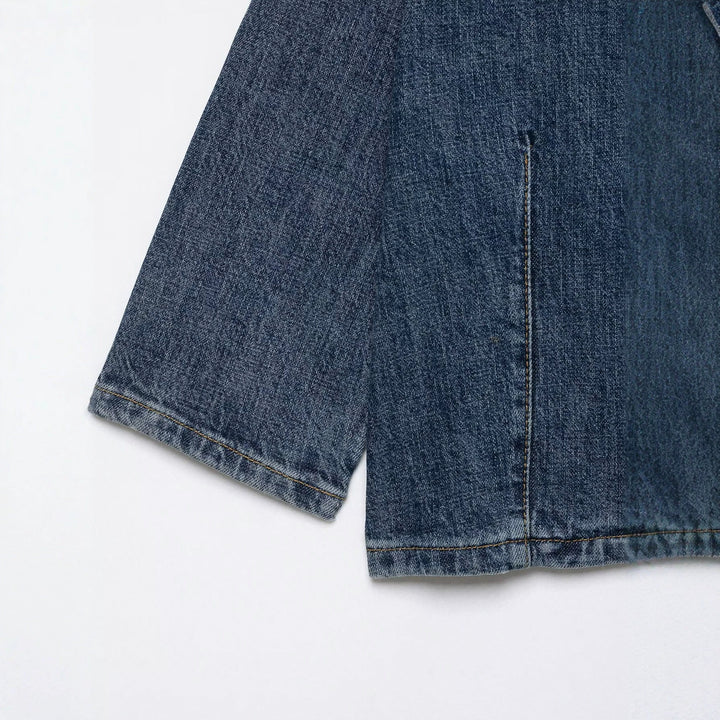Dam Kort Denim Cape Jacka med Stå Krage, Boxig Silhuett och 3/4 Ärmar