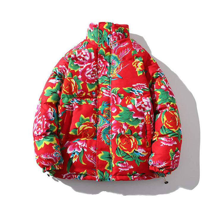 Dam vadderad kviltad pufferjacka med stor blommig tryck och Stand krage